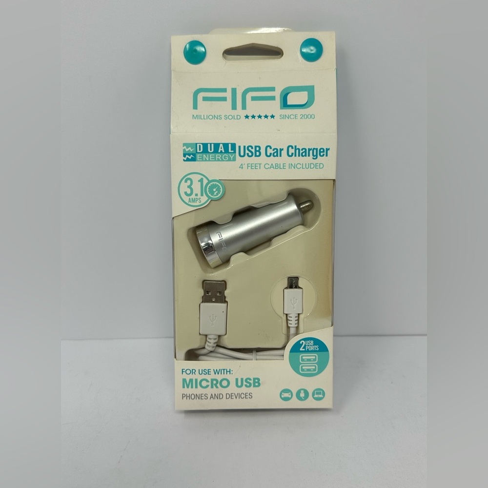 in Box! 10322 Fifo Micro USB Car Charger With 4ft Cable Silver 2 USB Ports